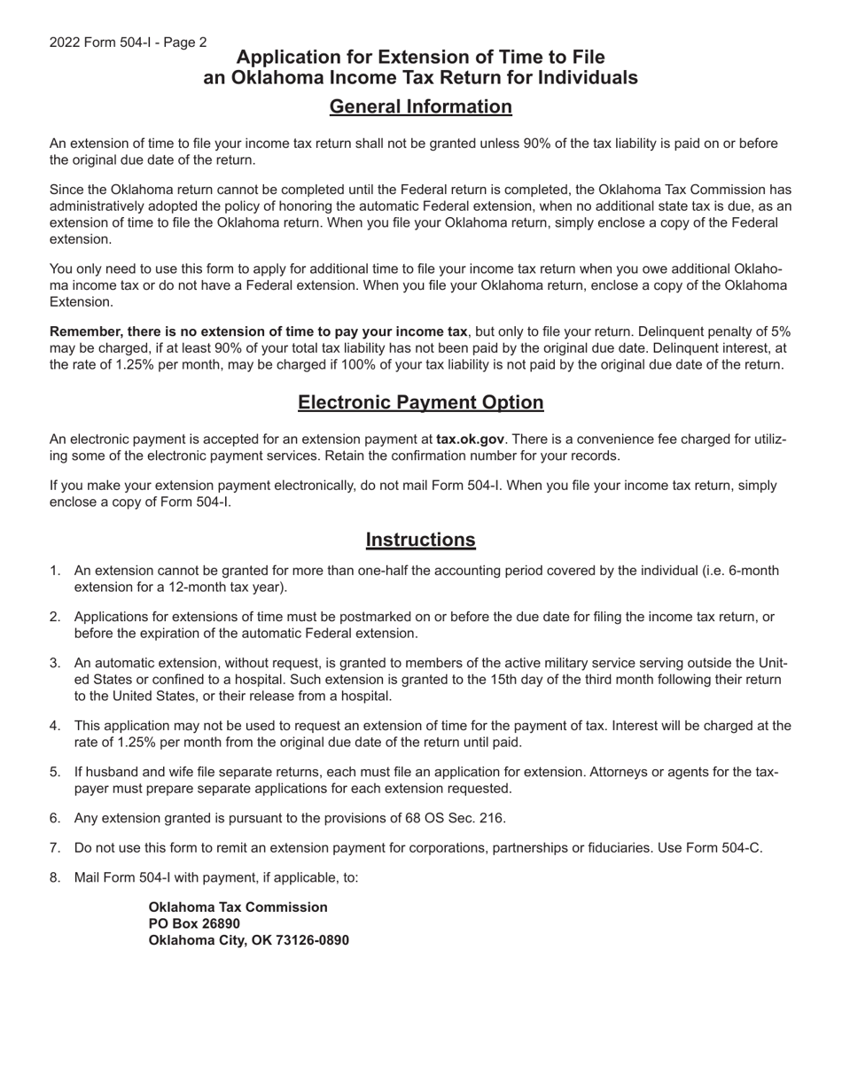Form 504-I Application for Extension of Time to File an Oklahoma Income Tax Return for Individuals - Oklahoma, Page 2