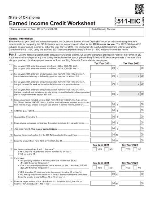 Form 511-EIC Earned Income Credit Worksheet - Oklahoma, 2022