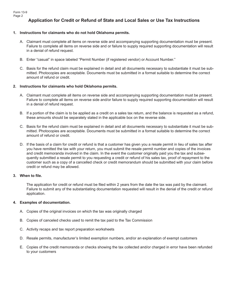 Form 13-9 Application for Credit or Refund of State and Local Sales or Use Tax - Oklahoma, Page 2