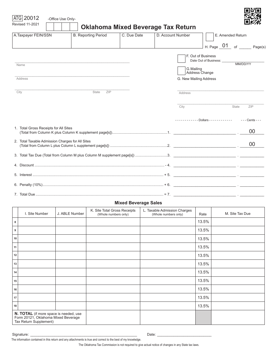 Form ATG20012 Oklahoma Mixed Beverage Tax Return - Oklahoma, Page 1