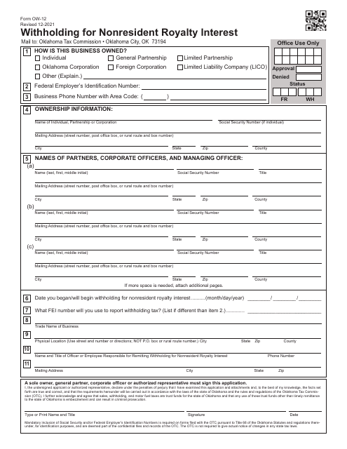 Form OW-12 Withholding for Nonresident Royalty Interest - Oklahoma