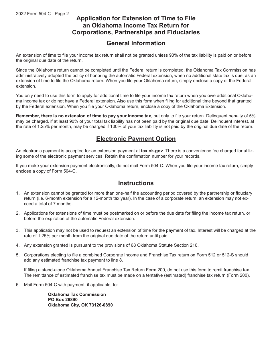 Form 504-C Application for Extension of Time to File an Oklahoma Income Tax Return for Corporations, Partnerships and Fiduciaries - Oklahoma, Page 2