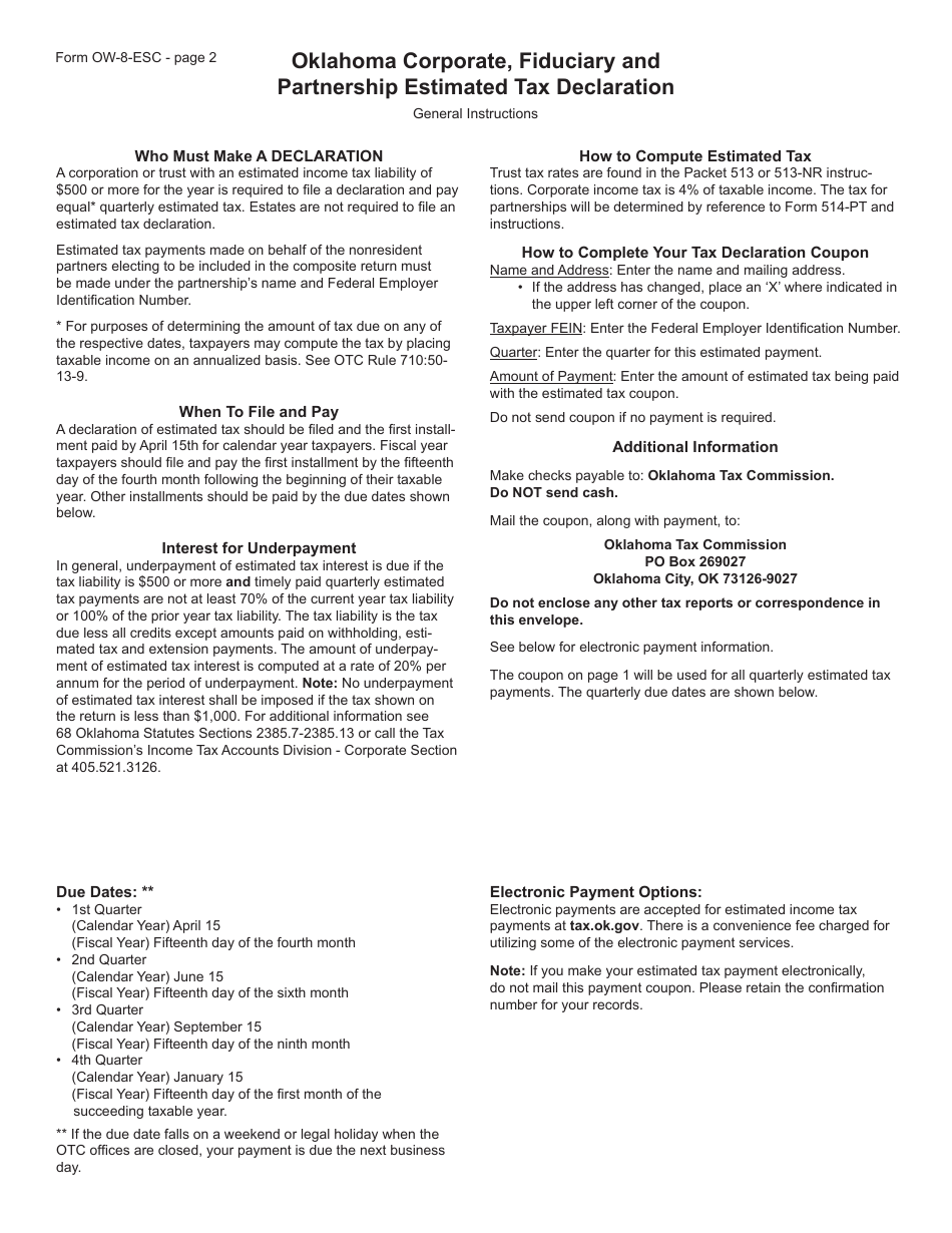Form OW-8-ESC Partnership Estimated Tax Worksheet for Corporations, Partnerships and Trusts - Oklahoma, Page 2