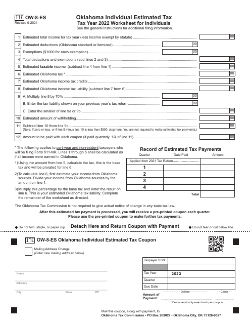 Form OW-8-ES Oklahoma Individual Estimated Tax Worksheet for Individuals - Oklahoma, 2022