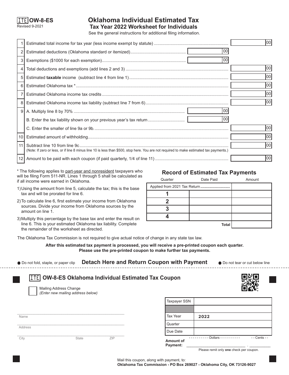 Form OW-8-ES Oklahoma Individual Estimated Tax Worksheet for Individuals - Oklahoma, Page 1