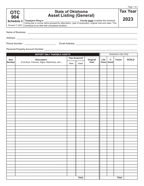 OTC Form 904 Schedule 3 Asset Listing (General) - Oklahoma, 2023