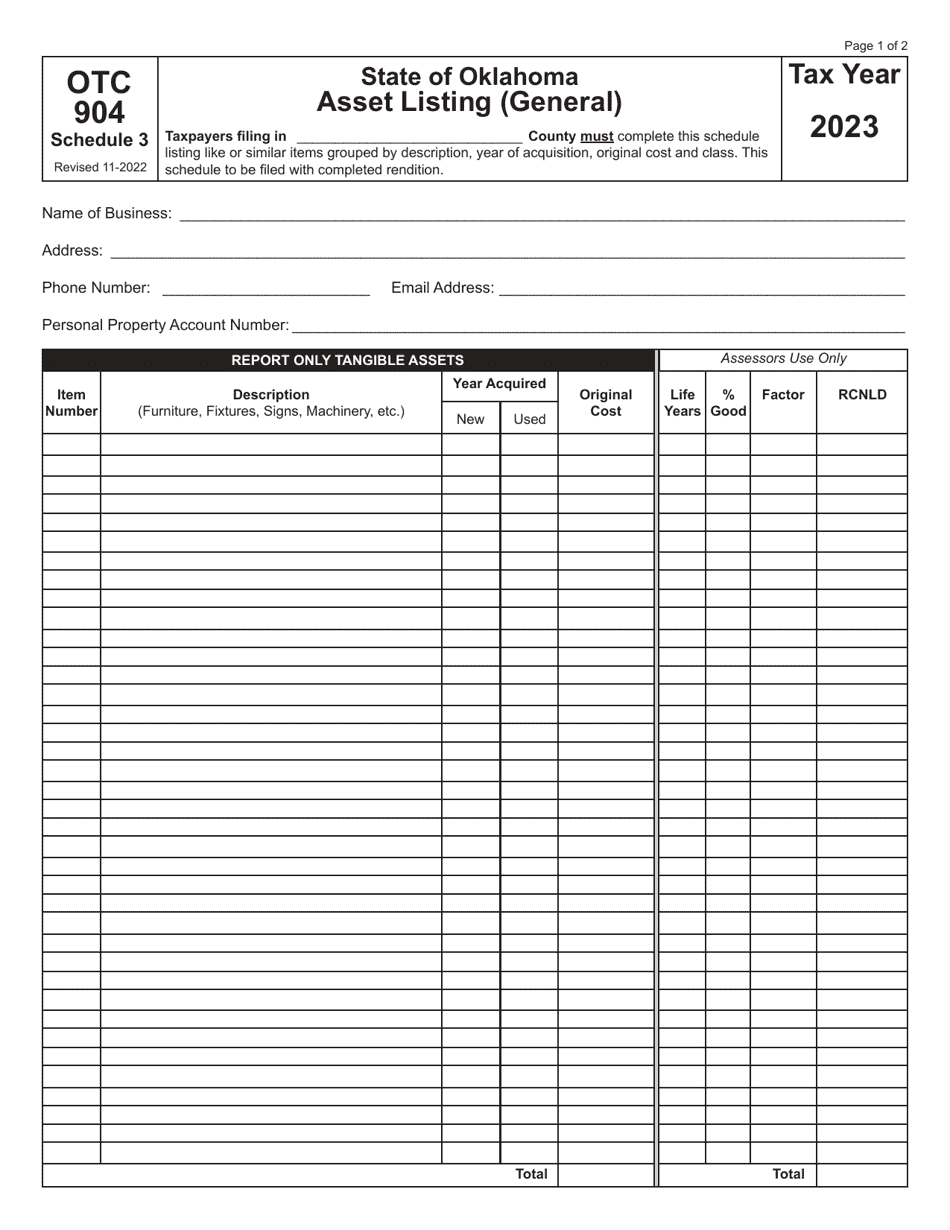 OTC Form 904 Schedule 3 Asset Listing (General) - Oklahoma, Page 1