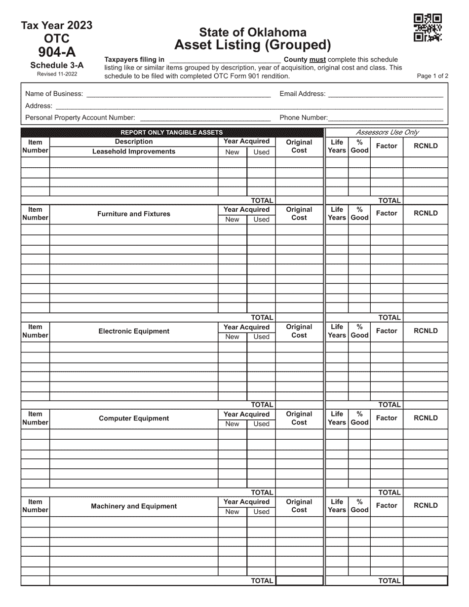 OTC Form 904A Schedule 3A Download Fillable PDF or Fill Online Asset