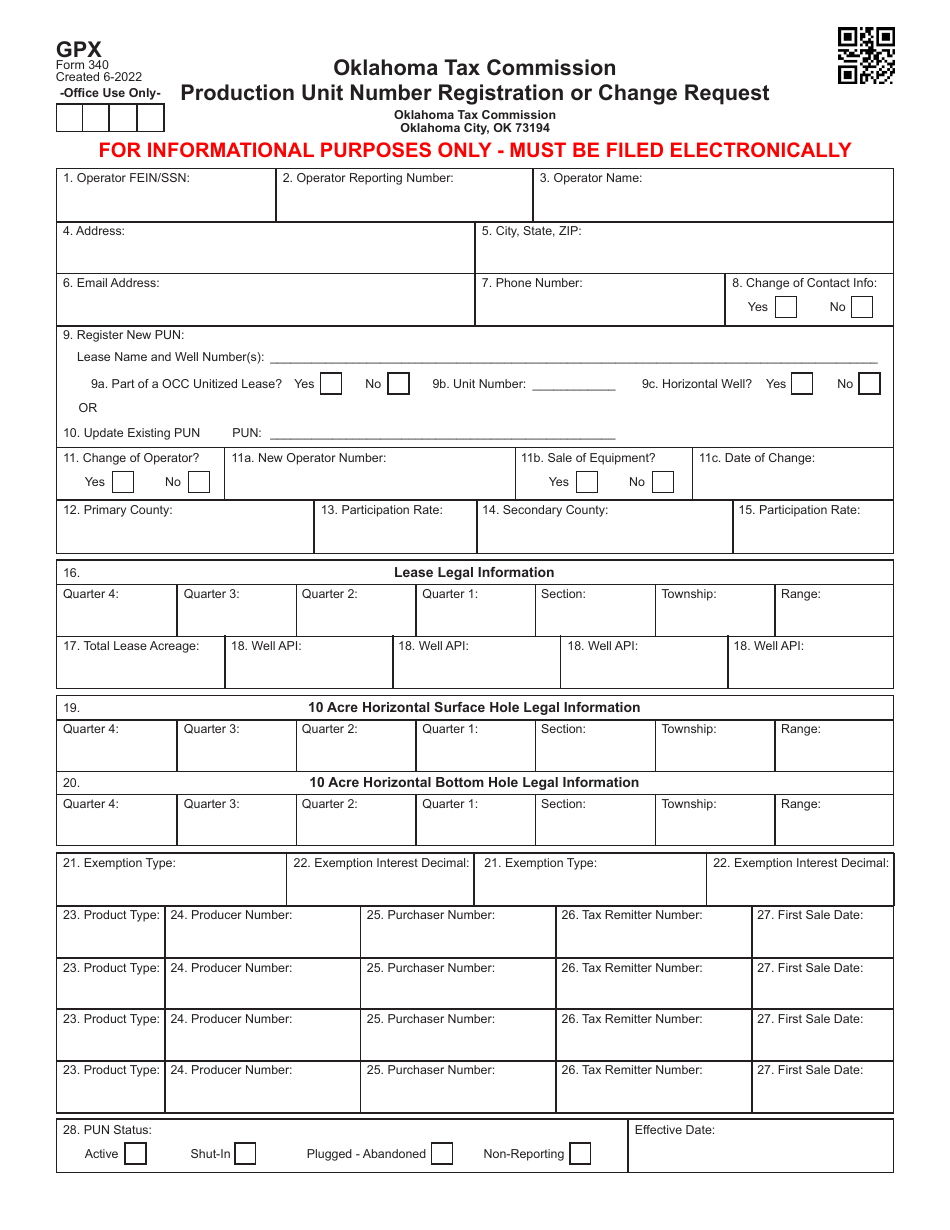 Form 340 Production Unit Number Registration or Change Request - Oklahoma, Page 1