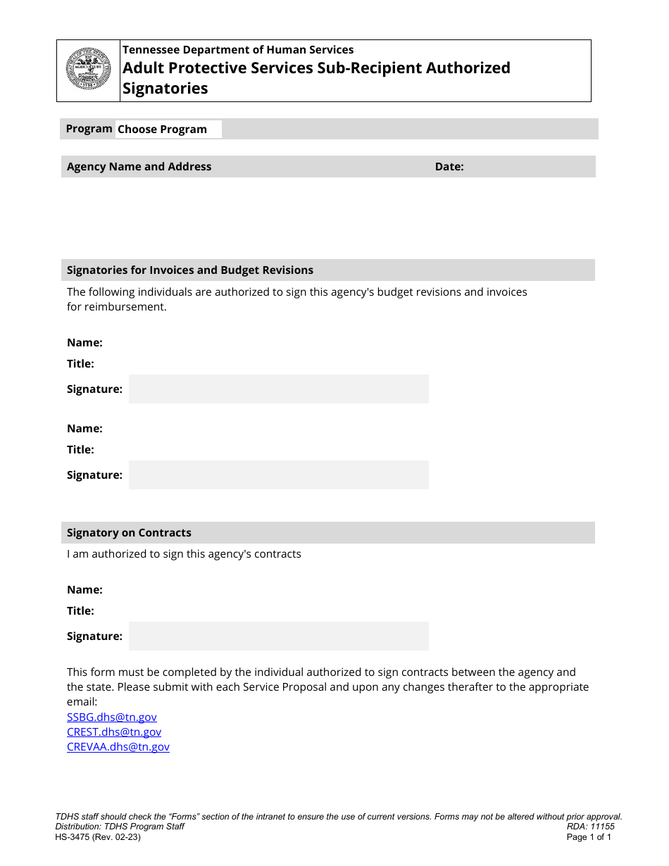 Form HS-3475 Adult Protective Services Sub-recipient Authorized Signatories - Tennessee, Page 1