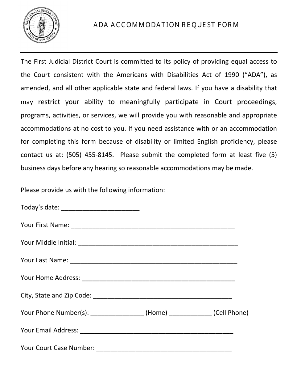 Ada Accommodation Request Form - First Judicial District Court - New Mexico, Page 1