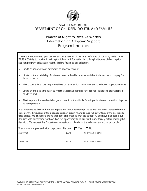 DCYF Form 09-121 Waiver of Right to Receive Written Information on Adoption Support Program Limitation - Washington