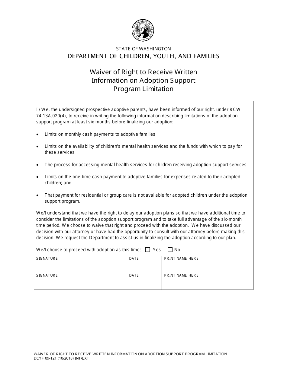 DCYF Form 09-121 Waiver of Right to Receive Written Information on Adoption Support Program Limitation - Washington, Page 1
