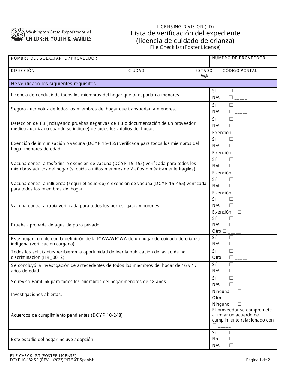 DCYF Formulario 10-182 Lista De Verificacion Del Expediente (Licencia De Cuidado De Crianza) - Washington (Spanish), Page 1