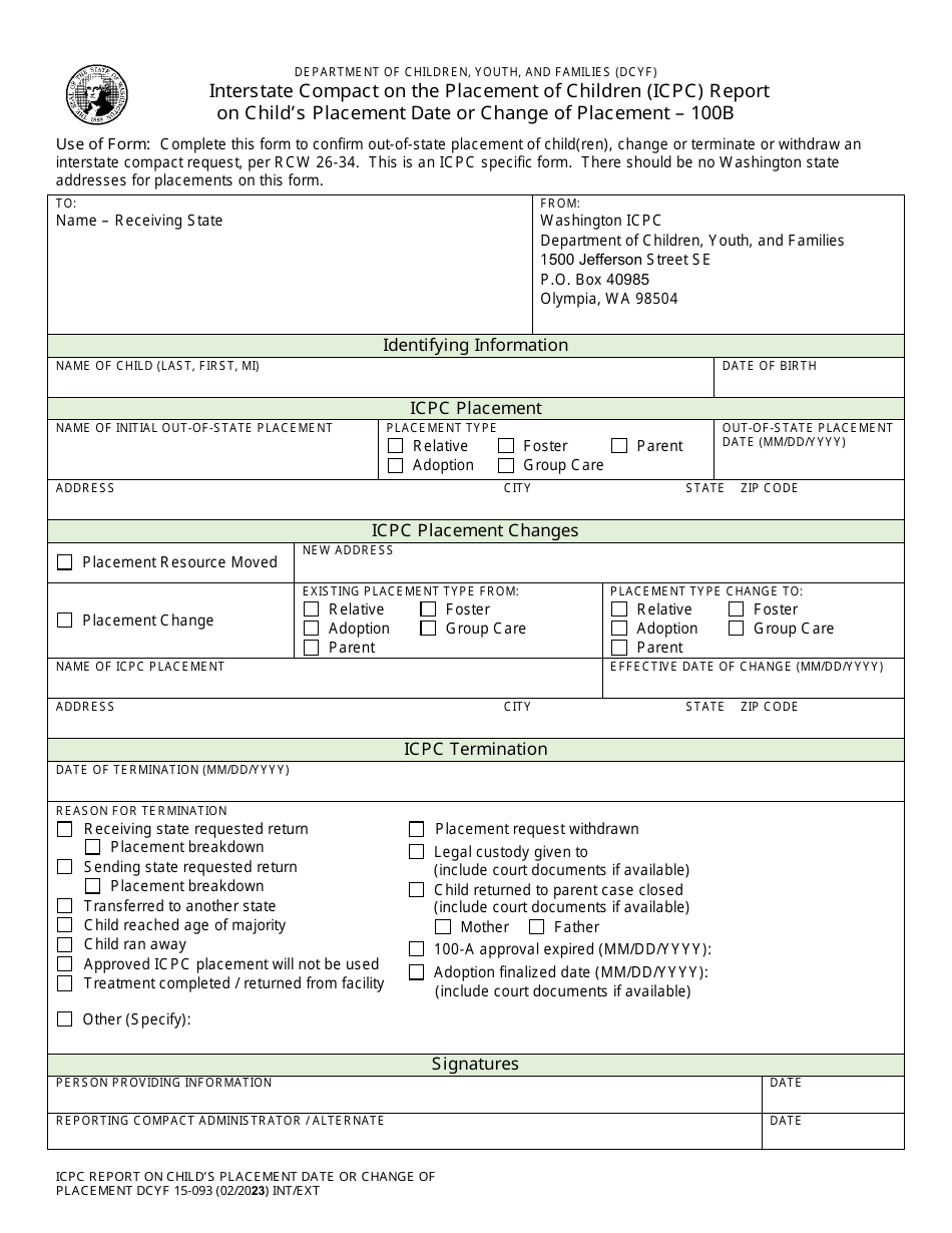 DCYF Form 15-093 Interstate Compact on the Placement of Children (Icpc) Report on Childs Placement Date or Change of Placement - 100b - Washington, Page 1