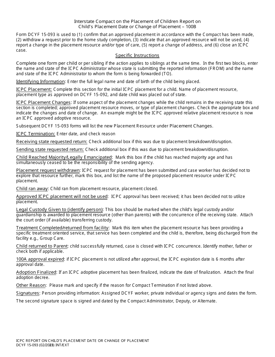 DCYF Form 15-093 Interstate Compact on the Placement of Children (Icpc) Report on Childs Placement Date or Change of Placement - 100b - Washington, Page 2