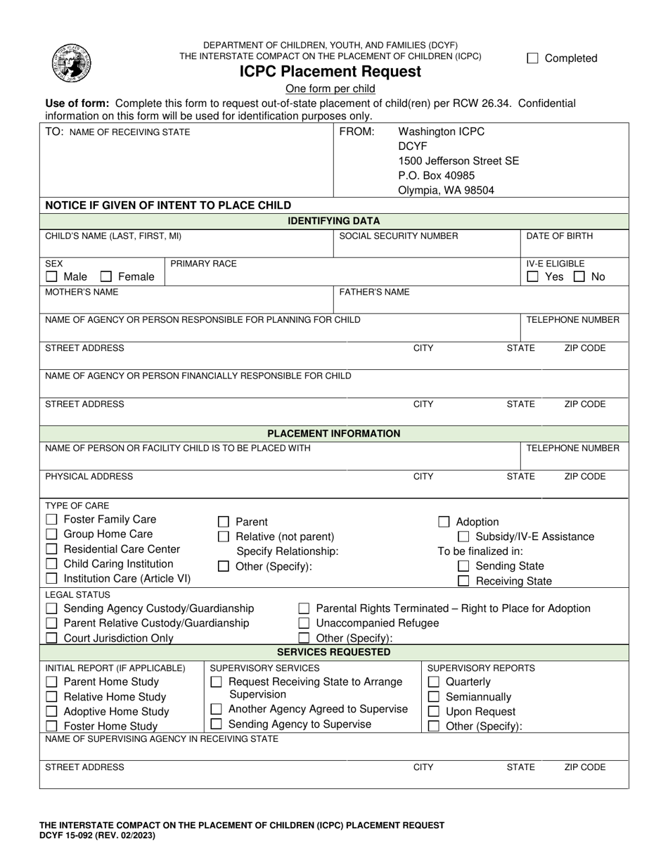 DCYF Form 15-092 Icpc Placement Request - Washington, Page 1