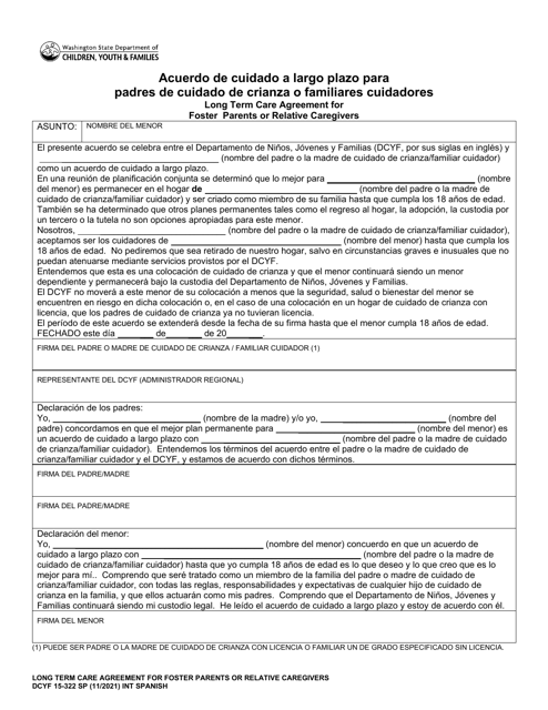 DCYF Formulario 15-322 Acuerdo De Cuidado a Largo Plazo Para Padres De Cuidado De Crianza O Familiares Cuidadores - Washington (Spanish)