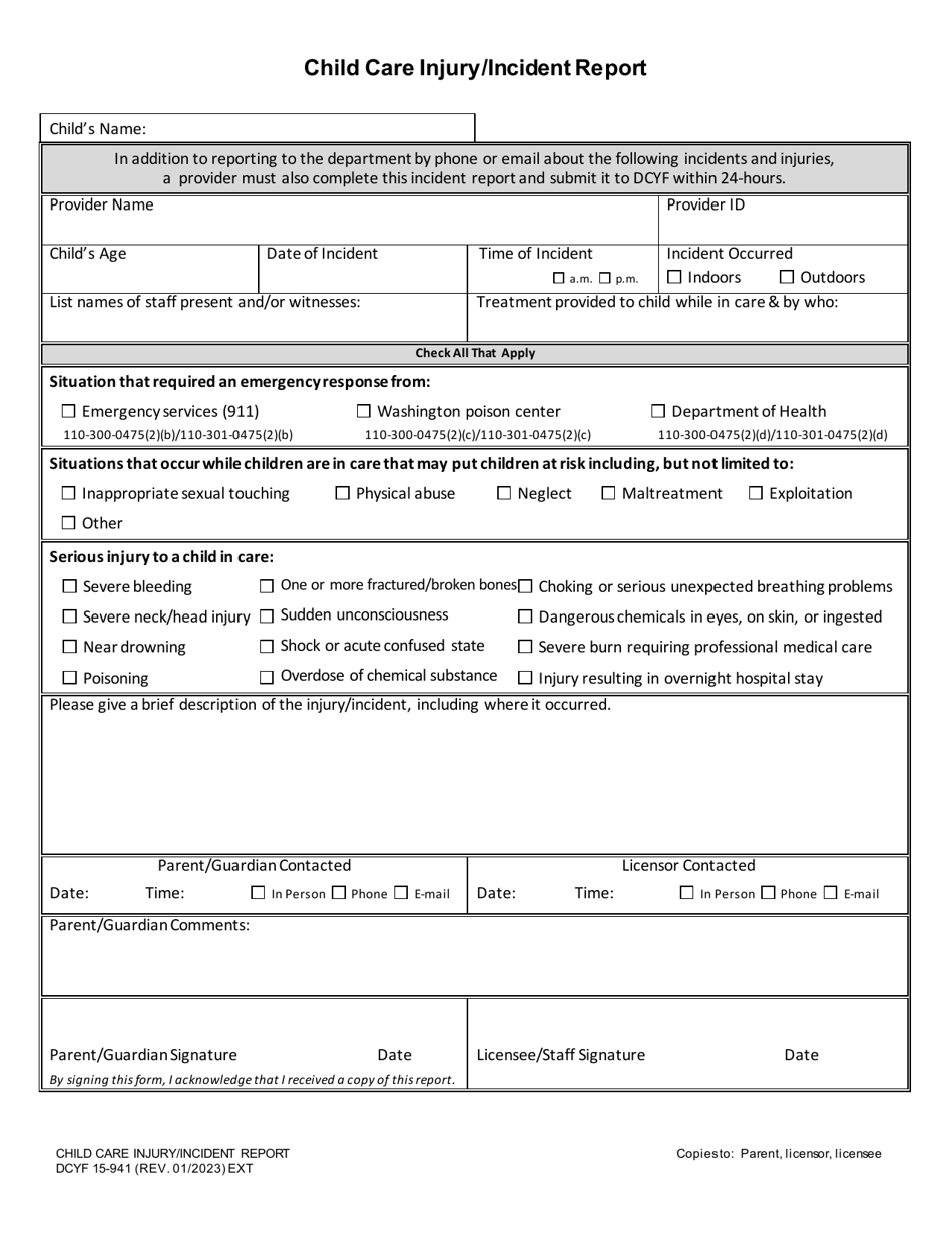 DCYF Form 15-941 Child Care Injury / Incident Report - Washington, Page 1