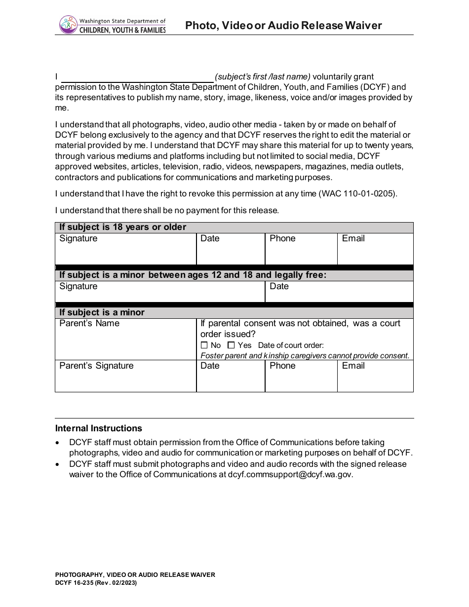 DCYF Form 16-235 Photo, Video or Audio Release Waiver - Washington, Page 1