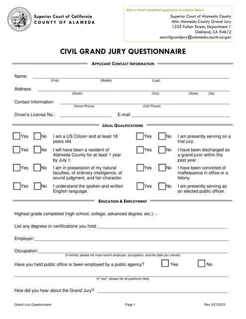 Civil Grand Jury Questionnaire - County of Alameda, California Download Pdf