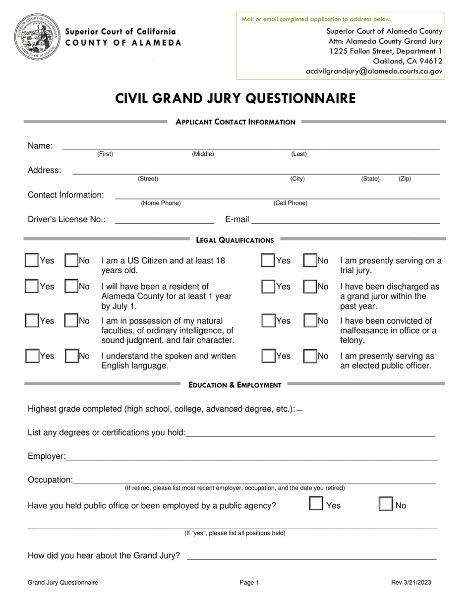 County of Alameda California Civil Grand Jury Questionnaire Fill Out