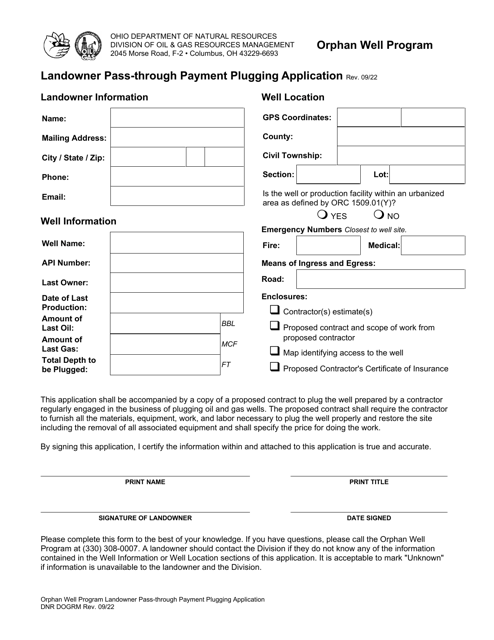Landowner Pass-Through Payment Plugging Application - Orphan Well Program - Ohio Download Pdf