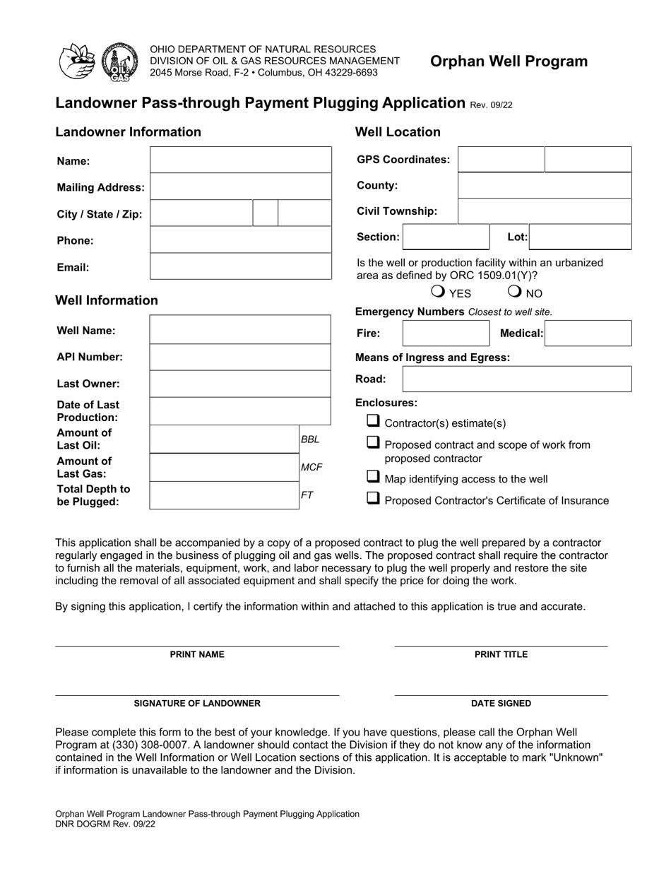 Landowner Pass-Through Payment Plugging Application - Orphan Well Program - Ohio, Page 1