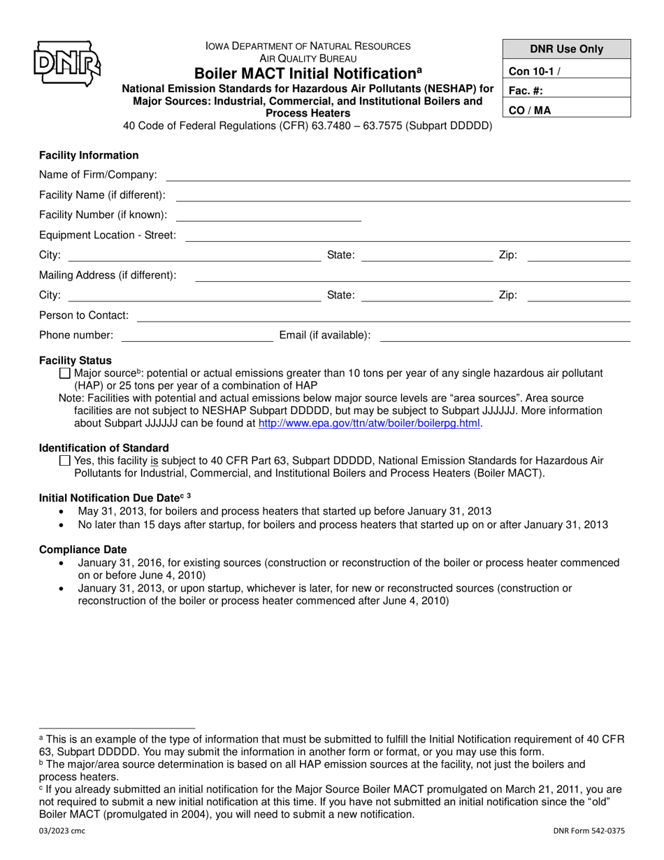 DNR Form 542-0375 Boiler Mact Initial Notification - National Emission Standards for Hazardous Air Pollutants (Neshap) for Major Sources: Industrial, Commercial, and Institutional Boilers and Process Heaters - Iowa, Page 1