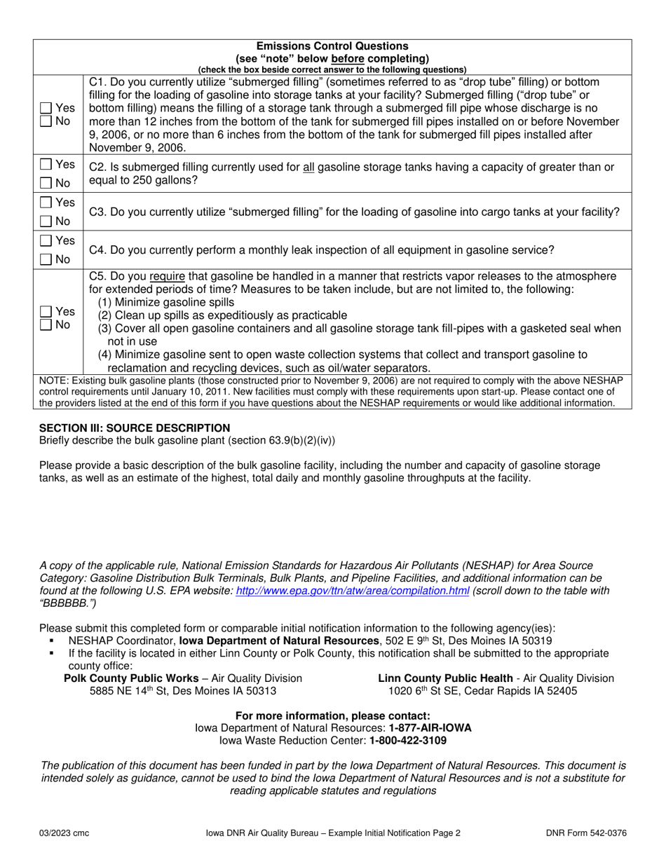DNR Form 542-0376 Bulk Gasoline Plant Initial Notification - Iowa, Page 2
