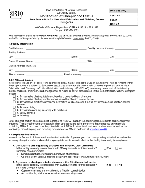 DNR Form 542-0379 Notification of Compliance Status - Area Source Rule for Nine Metal Fabrication and Finishing Source Categories - Iowa