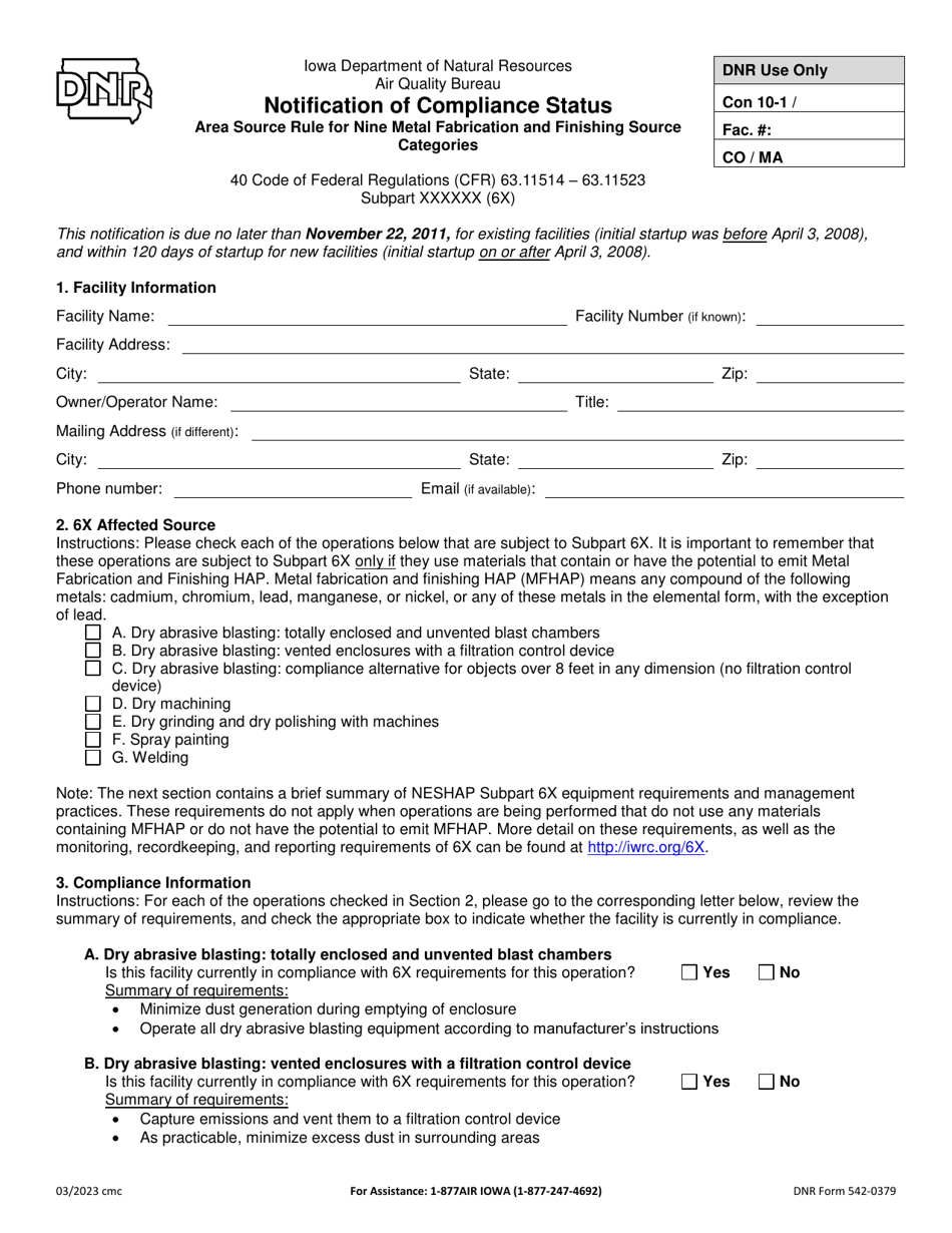 DNR Form 542-0379 Notification of Compliance Status - Area Source Rule for Nine Metal Fabrication and Finishing Source Categories - Iowa, Page 1