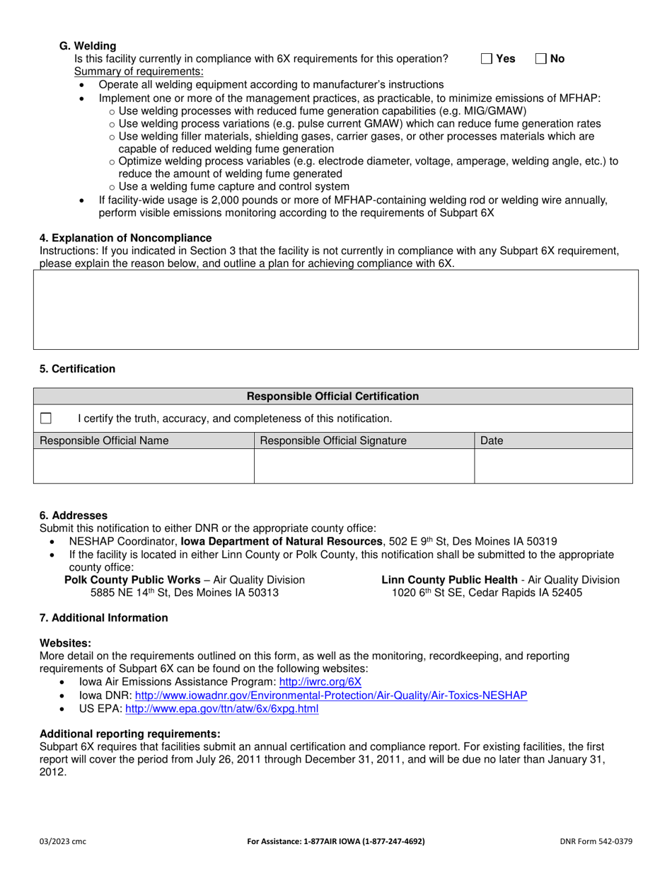 DNR Form 542-0379 Notification of Compliance Status - Area Source Rule for Nine Metal Fabrication and Finishing Source Categories - Iowa, Page 3