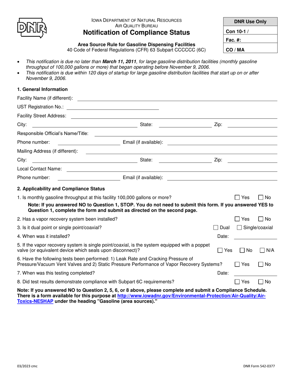 DNR Form 542-0377 Notification of Compliance Status - Area Source Rule for Gasoline Dispensing Facilities - Iowa, Page 1