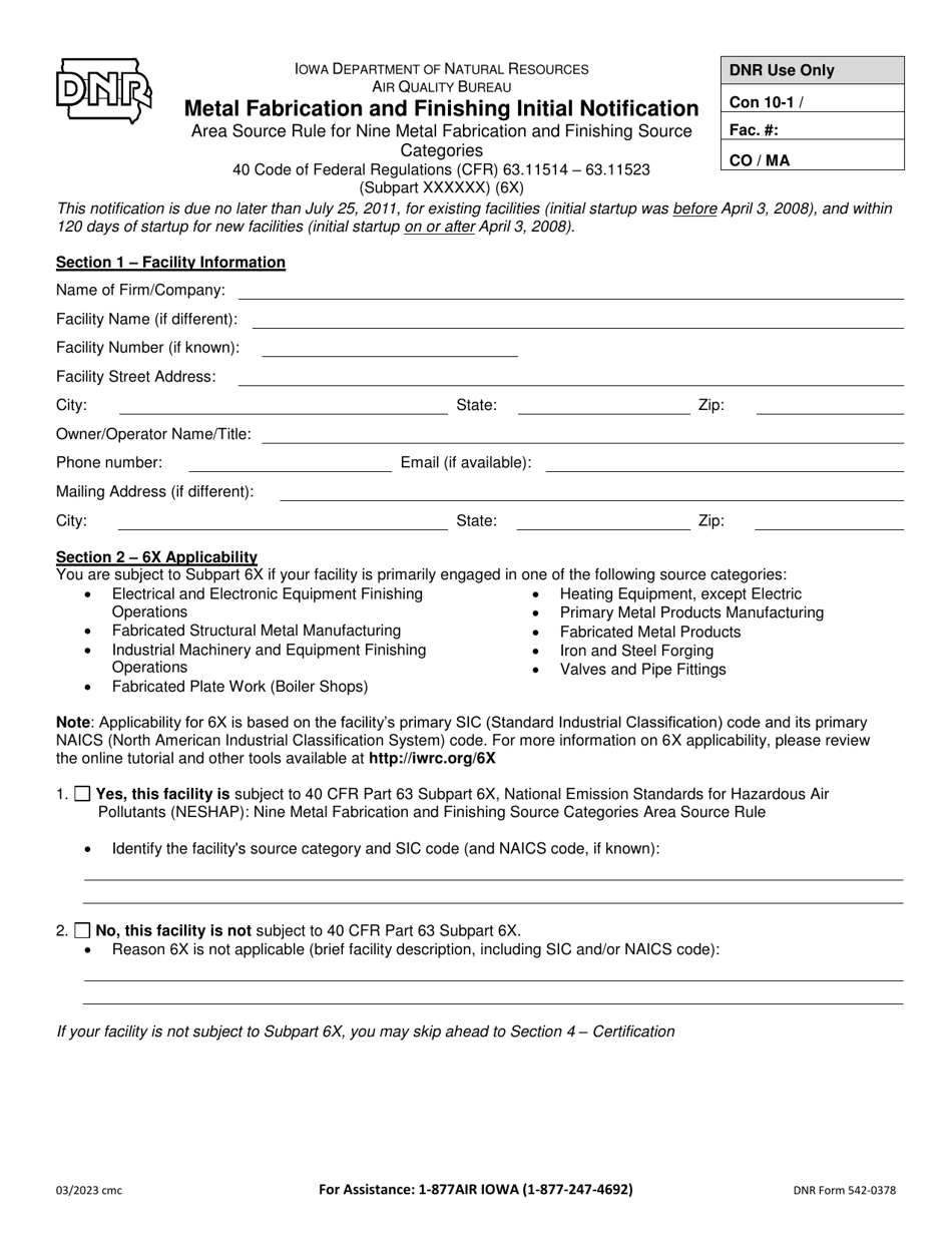 DNR Form 542-0378 Metal Fabrication and Finishing Initial Notification - Area Source Rule for Nine Metal Fabrication and Finishing Source Categories - Iowa, Page 1
