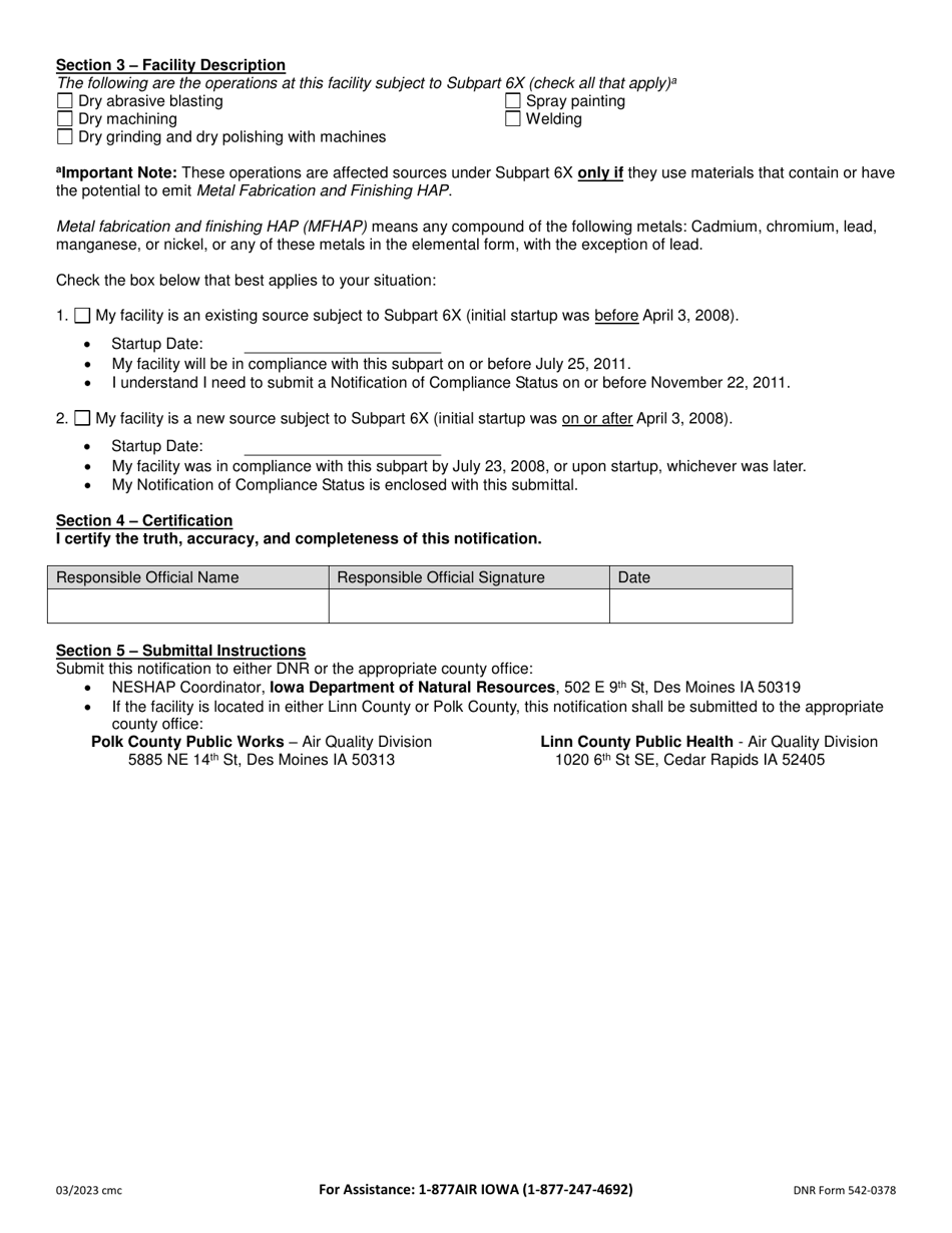 DNR Form 542-0378 Metal Fabrication and Finishing Initial Notification - Area Source Rule for Nine Metal Fabrication and Finishing Source Categories - Iowa, Page 2