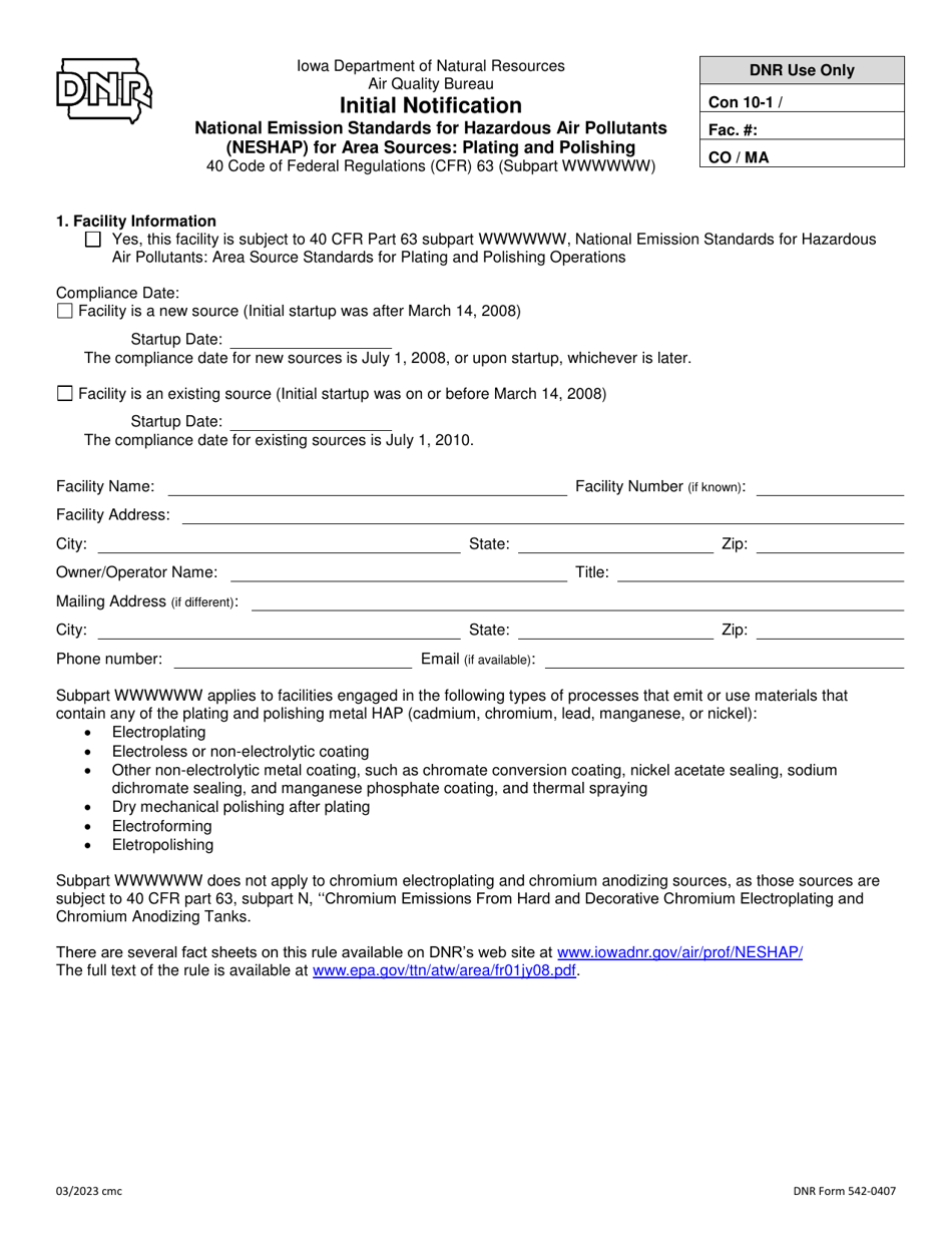 DNR Form 542-0407 Initial Notification - National Emission Standards for Hazardous Air Pollutants (Neshap) for Area Sources: Plating and Polishing - Iowa, Page 1