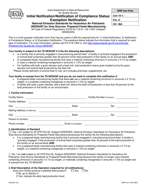 DNR Form 542-0403 Initial Notification/Notification of Compliance Status/ Exemption Notification - National Emission Standards for Hazardous Air Pollutants (Neshap) for Area Sources: Prepared Feeds Manufacturing - Iowa
