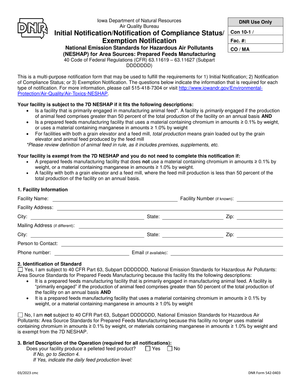 DNR Form 542-0403 Initial Notification / Notification of Compliance Status / Exemption Notification - National Emission Standards for Hazardous Air Pollutants (Neshap) for Area Sources: Prepared Feeds Manufacturing - Iowa, Page 1