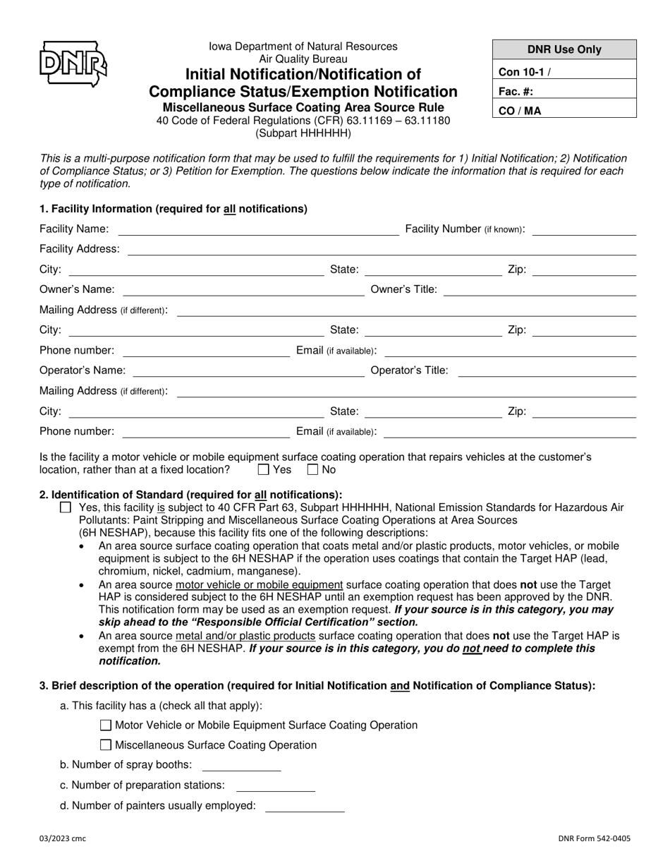 DNR Form 542-0405 Initial Notification / Notification of Compliance Status / Exemption Notification - Miscellaneous Surface Coating Area Source Rule - Iowa, Page 1