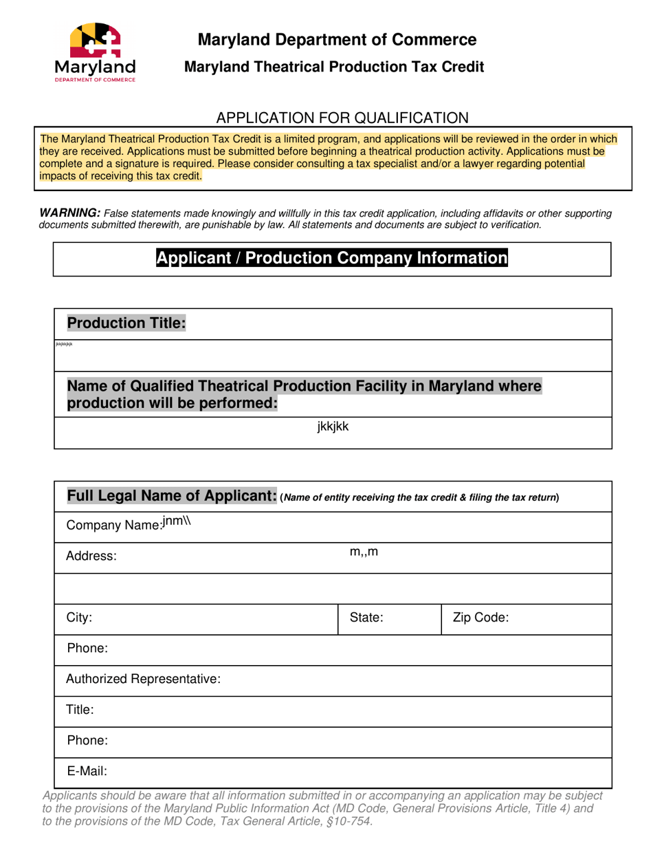 Application for Qualification - Maryland Theatrical Production Tax Credit - Maryland, Page 1