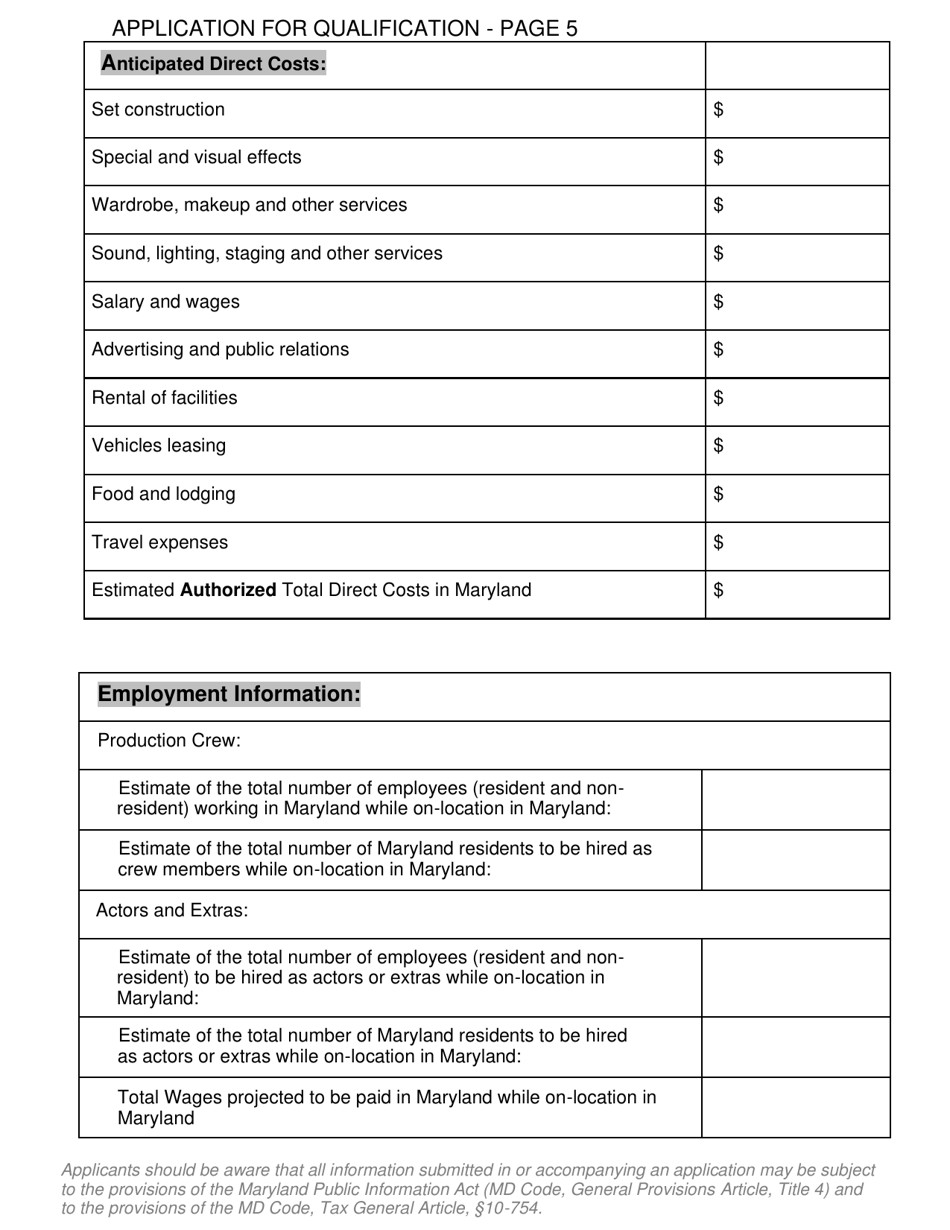 Application for Qualification - Maryland Theatrical Production Tax Credit - Maryland, Page 5
