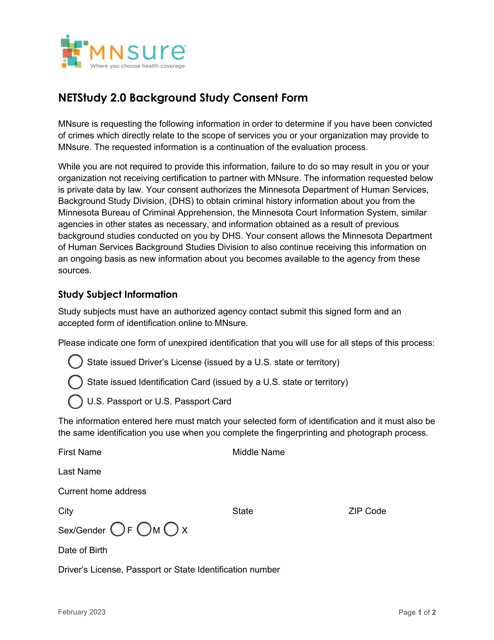 Netstudy 2.0 Background Study Consent Form - Minnesota Download Pdf