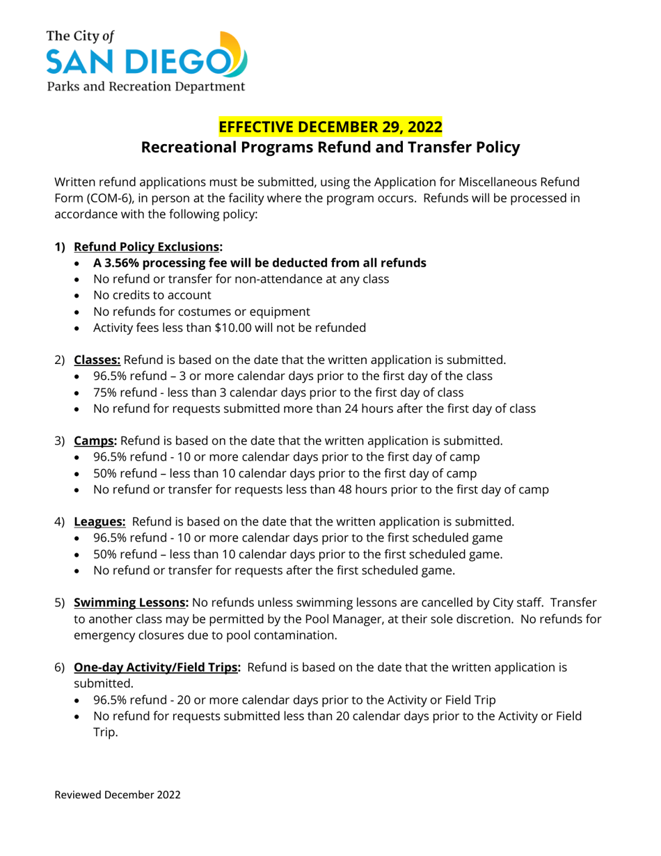 Recreational Programs Refund and Transfer Policy - City of San Diego, California, Page 1