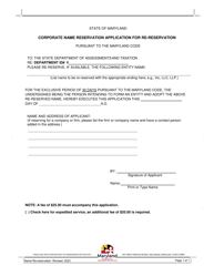 Document preview: Corporate Name Reservation Application for Re-reservation - Maryland