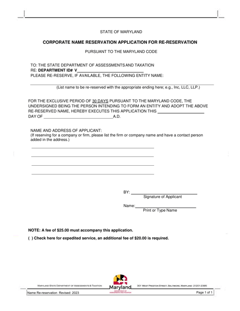 Corporate Name Reservation Application for Re-reservation - Maryland