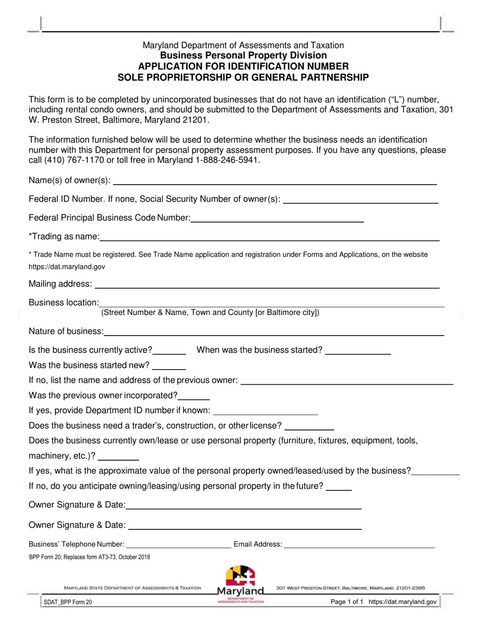 BPP Form 20 Application for Identification Number Sole Proprietorship or General Partnership - Maryland, Page 1