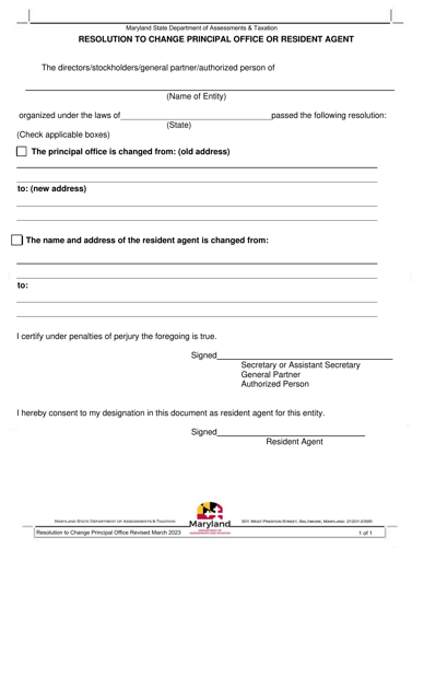 Resolution to Change Principal Office or Resident Agent - Maryland Download Pdf