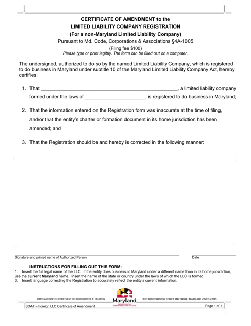 Certificate of Amendment to the Limited Liability Company Registration (For a Non-maryland Limited Liability Company) - Maryland Download Pdf