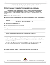 Document preview: Application for Registration of a Foreign Limited Partnership - Maryland